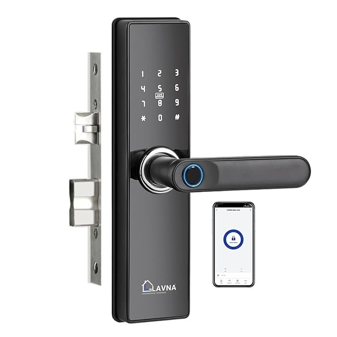 LAVNA Digital Smart Door Lock | 6 Way Unlock | Fingerprint, Mobile App, OTP, PIN, RFID Card and Manual Key Access for Wooden Doors (LA16, Bluetooth)
