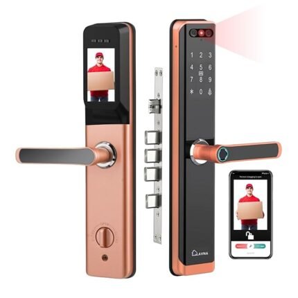 LAVNA Smart Door Lock | 8 Way Unlock | Face, Fingerprint, Mobile App, WiFi + Bluetooth, Card, OTP, PIN and Key Access | Built-in Camera N Screen | 5 Bolts | fit with Wooden Doors (LA24 Face Gold)