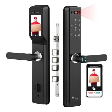 LAVNA Smart Door Lock | 8 Way Unlock | Face, Fingerprint, Mobile App, WiFi + Bluetooth, Card, OTP, PIN and Key Access | Built-in Camera N Screen | 5 Bolts | fit with Wooden Doors (LA24 Face Black)